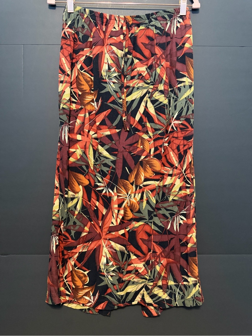 Tropical Leaf Print Maxi Skirt in Rust & Olive